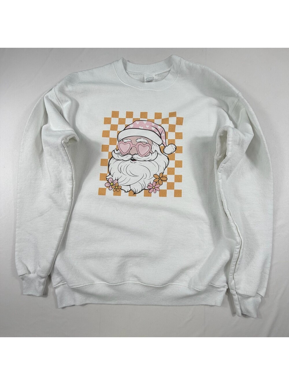 Hanes White Crewneck Sweatshirt with Pink Santa Graphic, Size M